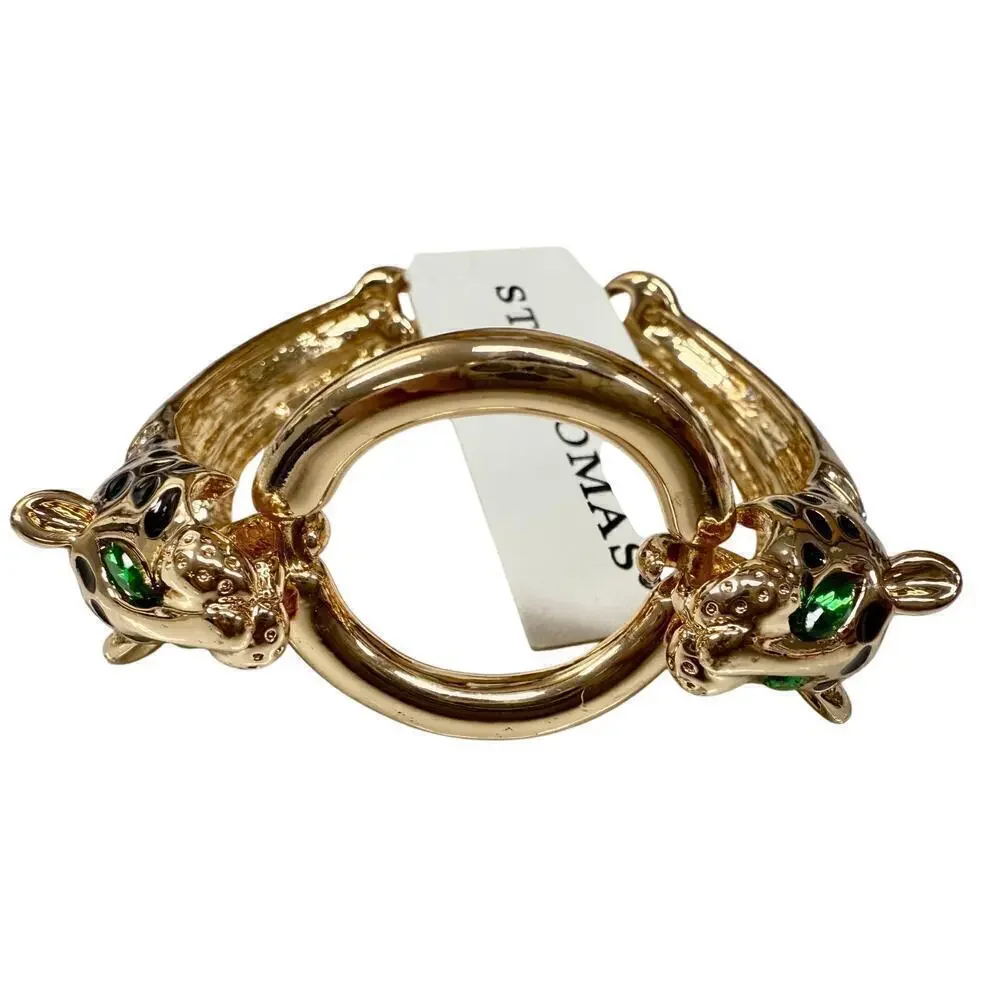 NEW Vintage St Thomas Gold Tone Green Eyes Double Leopard Head Toggle Bracelet